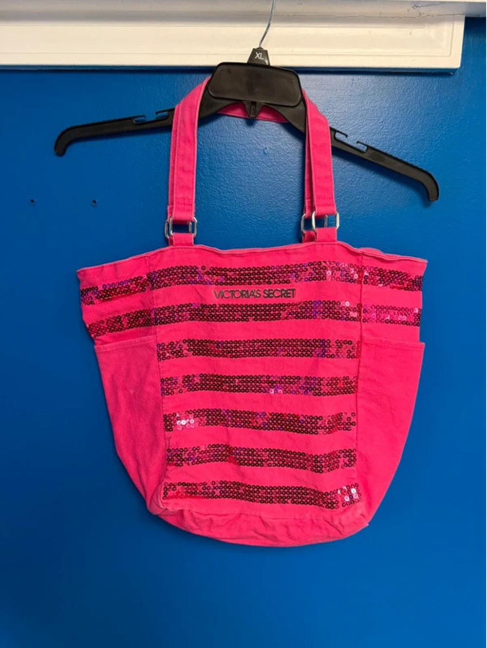 Victoria's Secret Pink Canvas Sequined Stripe Tote Bag Beach Travel Shoulder Bag